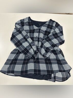 Lane Bryant Navy and Light Blue Plaid V-Neck Button Front Top